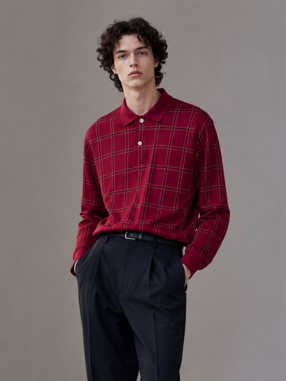 Red Plaid Polo Men`s M Shirt Soft Cotton Preppy Long Sleeve